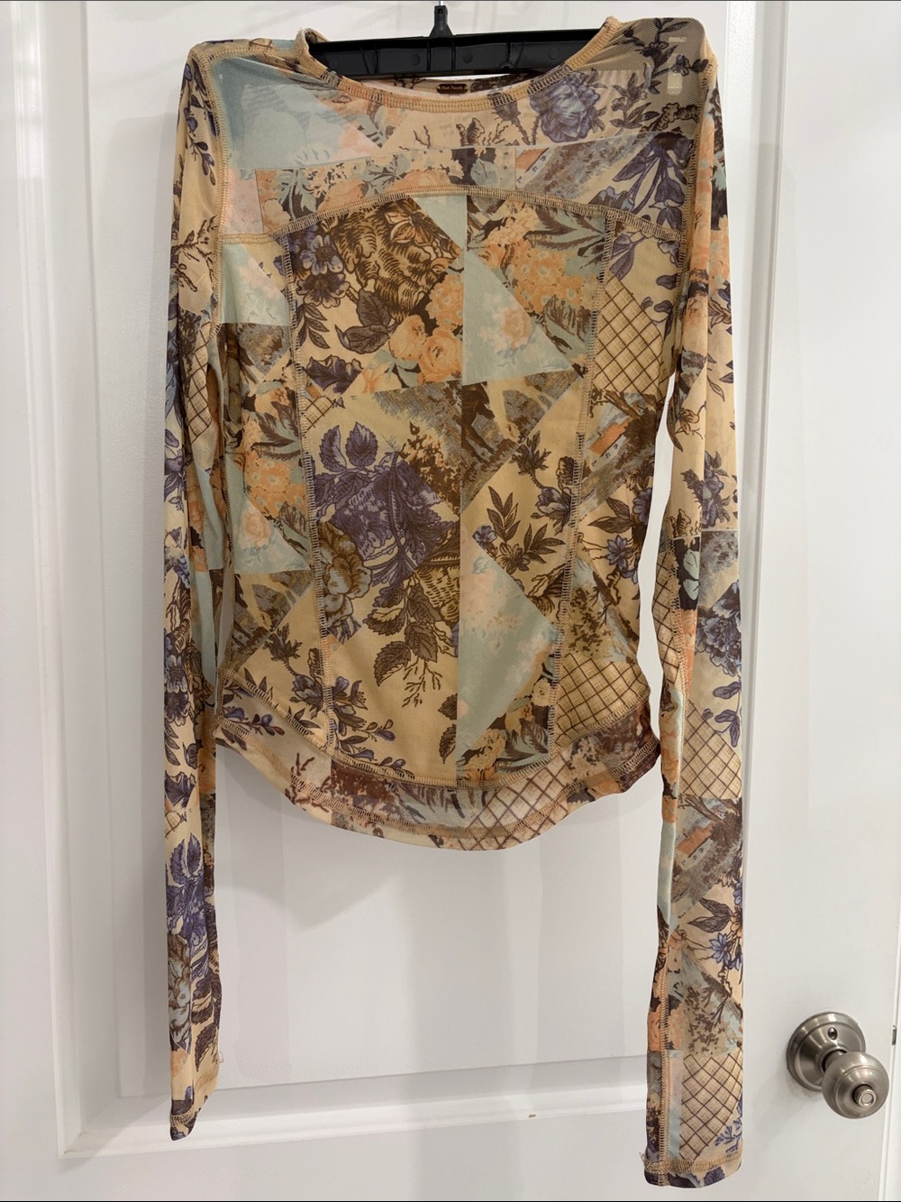 Long Sleeve Floral Patchwork Top in Beige and Lavender